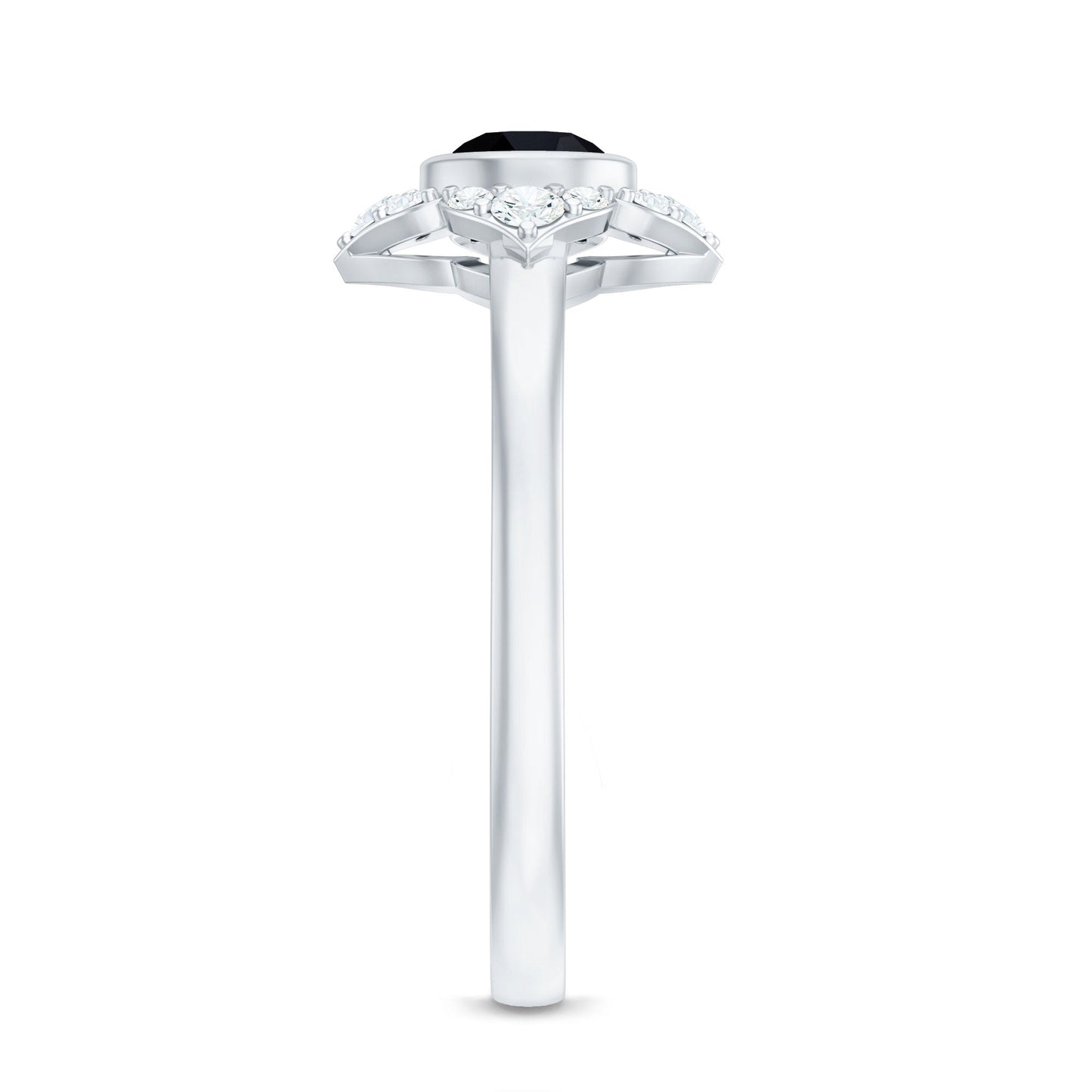 Real Bezel Set Black Spinel Flower Engagement Ring with Diamond