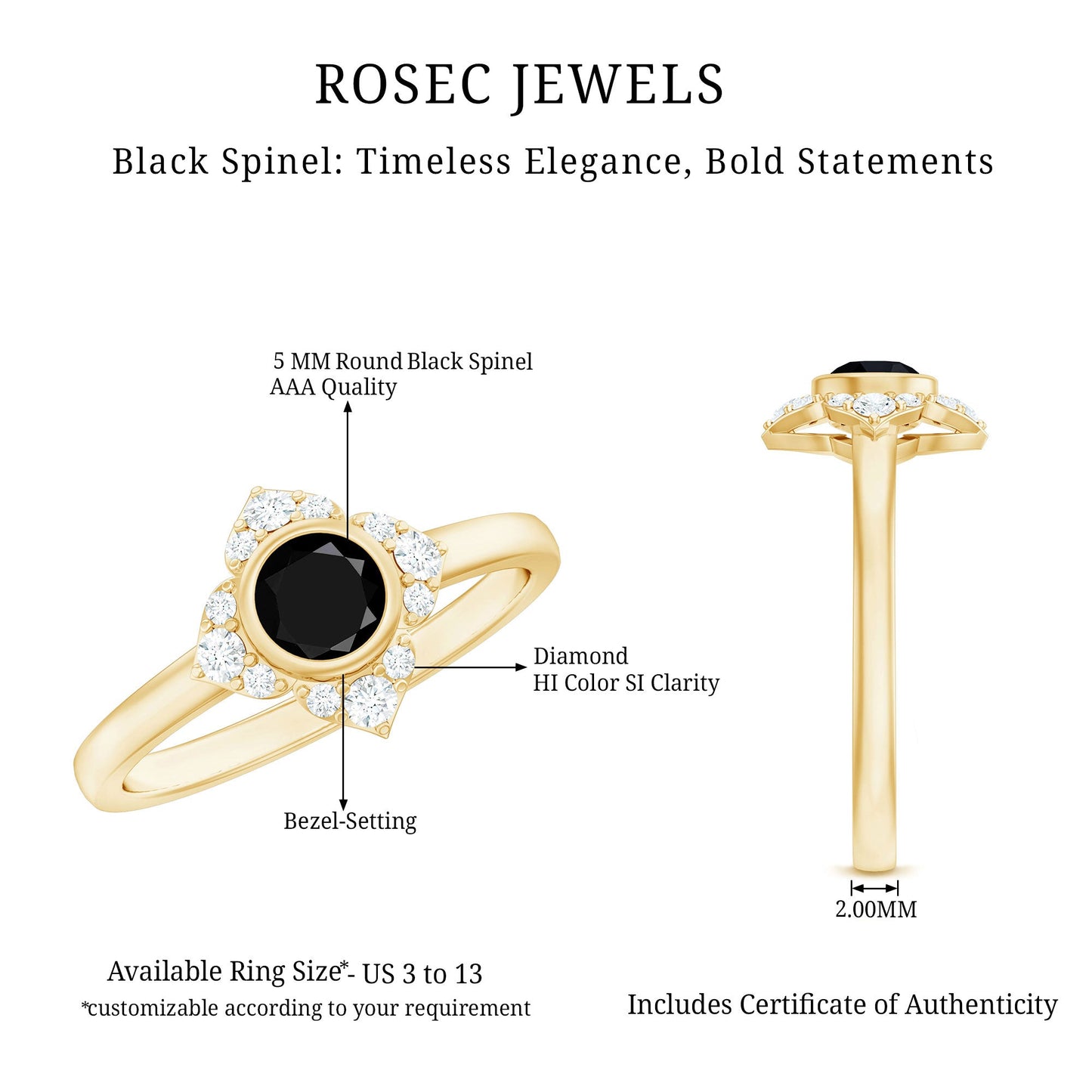 Real Bezel Set Black Spinel Flower Engagement Ring with Diamond