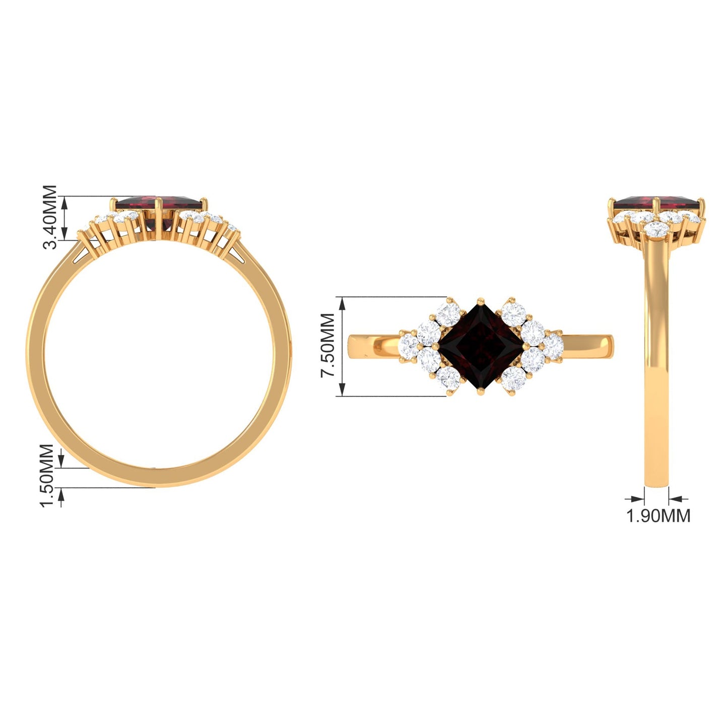 Real 1.4 Carat Garnet Princess Cut Engagement Ring with Diamond