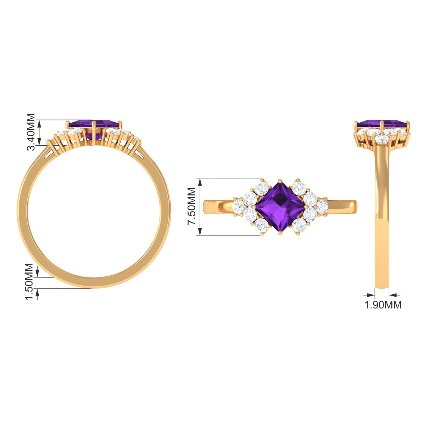 Natural 1.2 Carat Amethyst Princess Cut Engagement Ring with Diamond