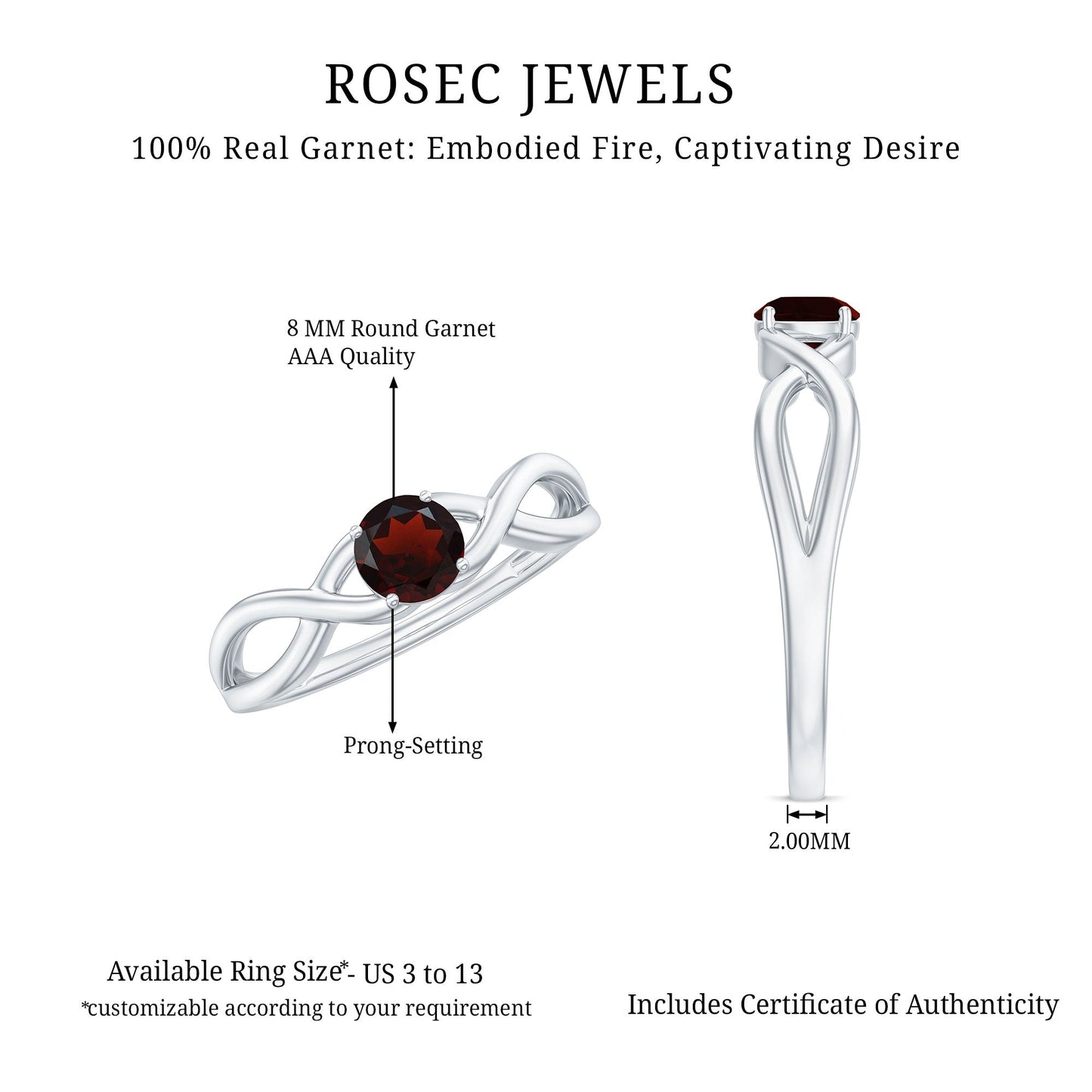 Genuine 2.3 Carat Garnet Solitaire Engagement Ring with Crossover Shank