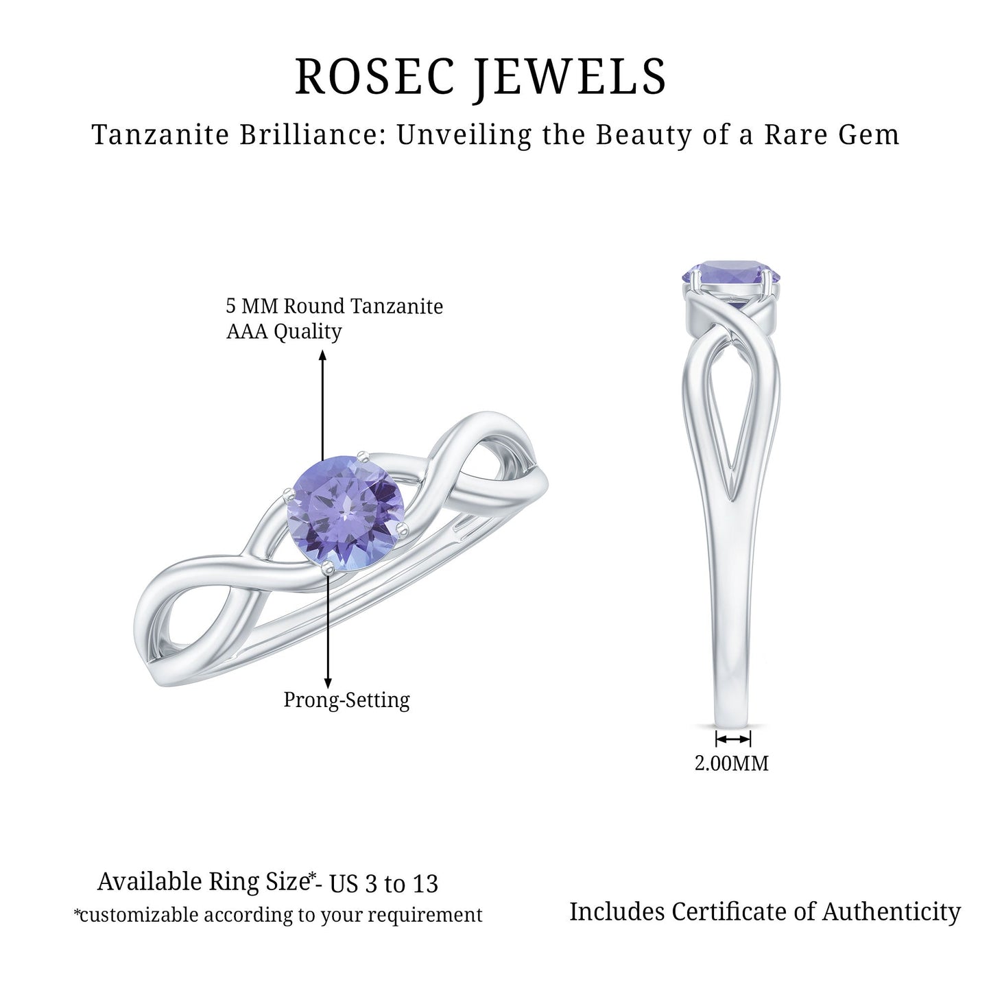 Genuine Tanzanite Promise Ring with Crossover Shank