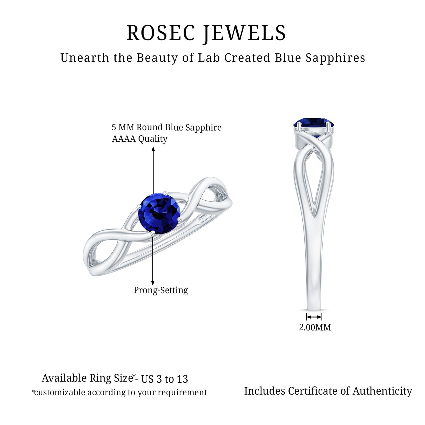 Certified 0.6 Carat Lab Grown Blue Sapphire Infinity Promise Ring