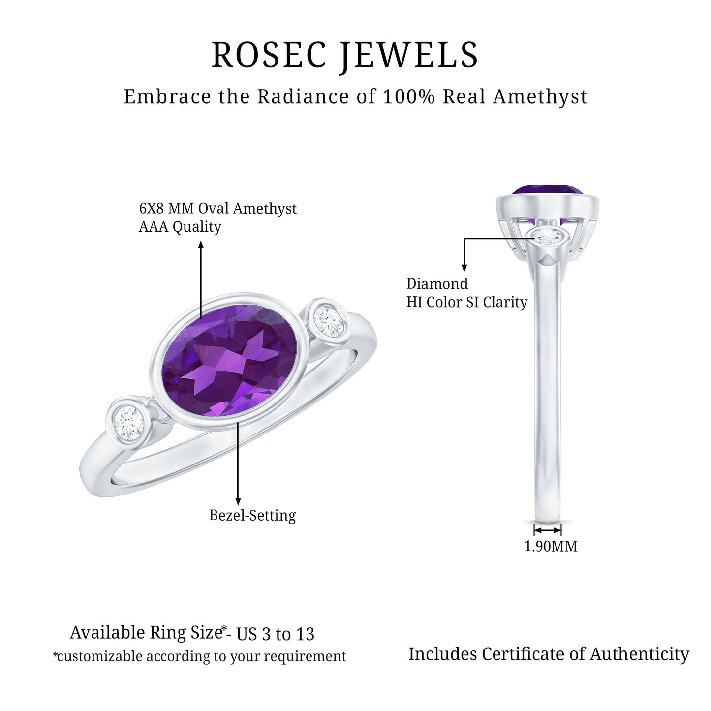 Bezel Set Oval Amethyst Solitaire East West Ring with Diamond