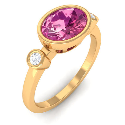Pink Tourmaline Solitaire East West Ring with Diamond
