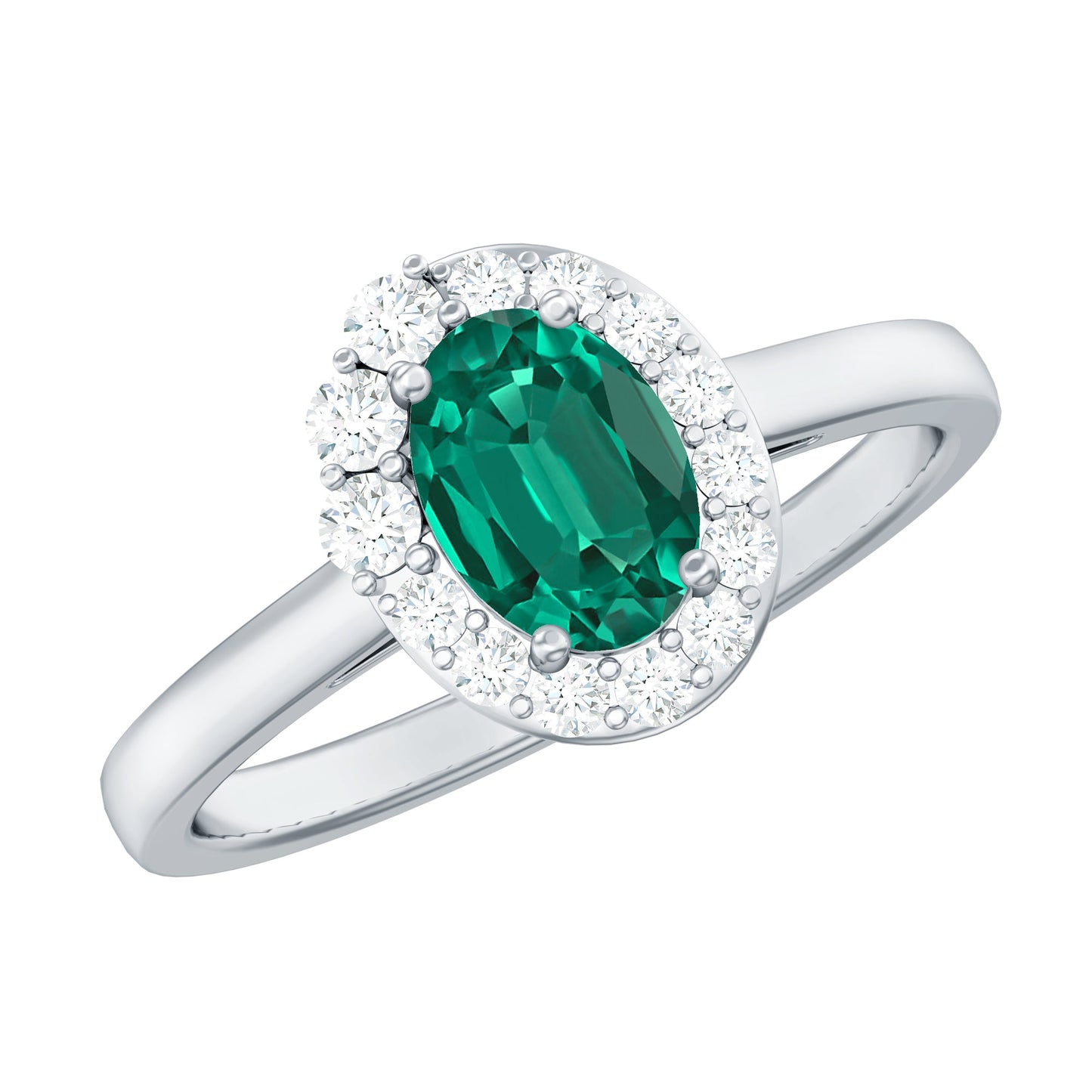 Classic 0.8 Carat Oval Lab Grown Emerald Engagement Ring with Diamond Halo