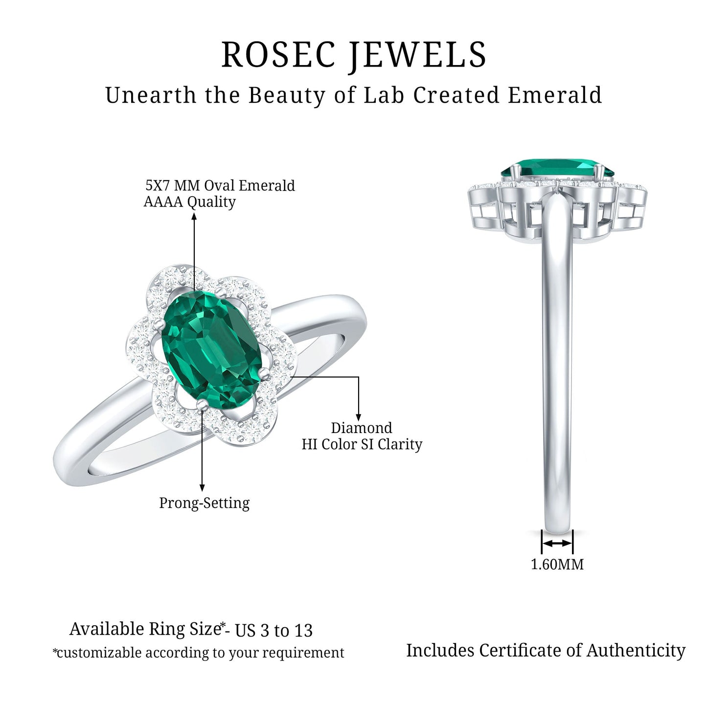 Certified Lab Grown Emerald Diamond Flower Engagement Ring With Diamonds