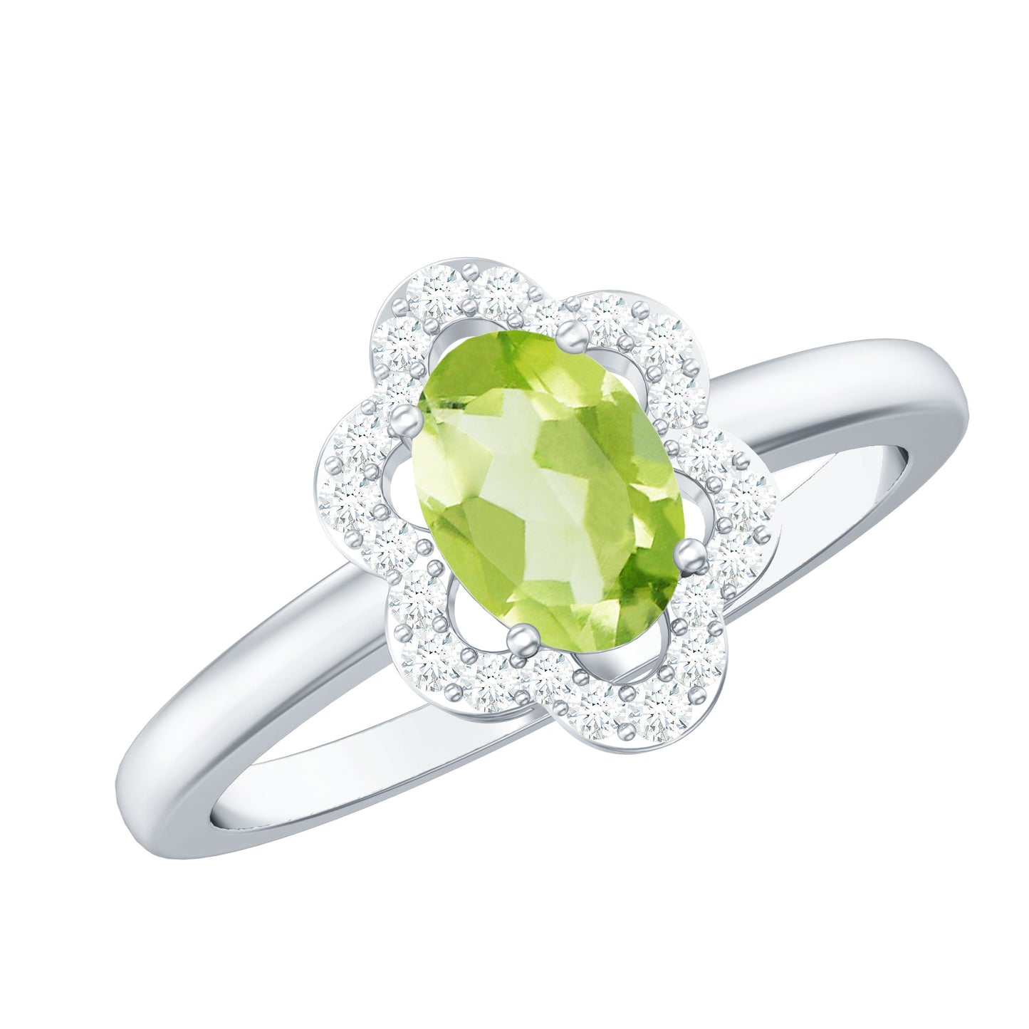 Natural 1 Carat Peridot Flower Engagement Ring with Diamond