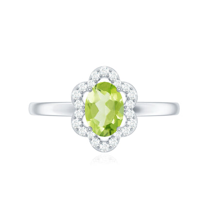 Natural 1 Carat Peridot Flower Engagement Ring with Diamond
