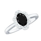 Certified Oval Cut 1 Carat Black Onyx Flower Engagement Ring with Diamond Halo