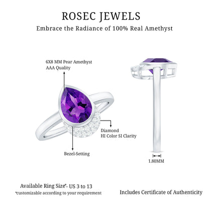Real Amethyst Diamond Teardrop Engagement Ring in Bezel Setting