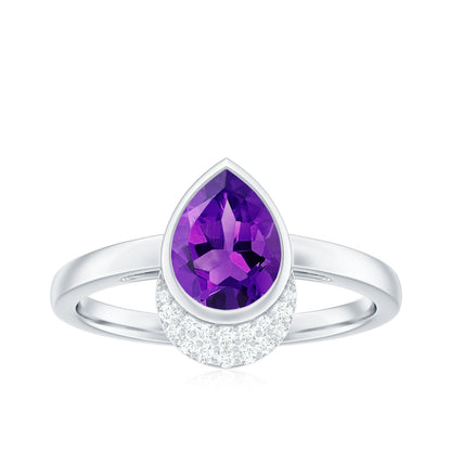 Real Amethyst Diamond Teardrop Engagement Ring in Bezel Setting