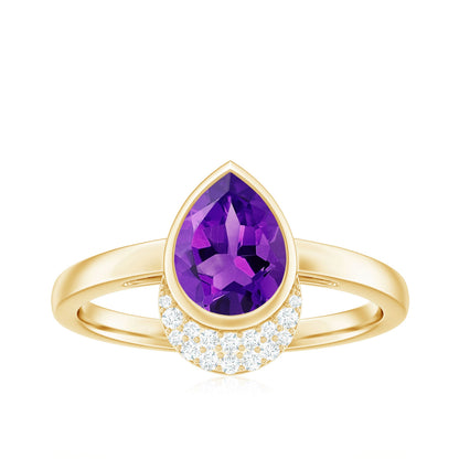 Real Amethyst Diamond Teardrop Engagement Ring in Bezel Setting