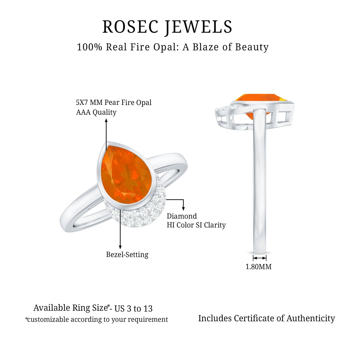 Bezel Set Fire Opal Teardrop Cocktail Engagement Ring with Diamond Accent