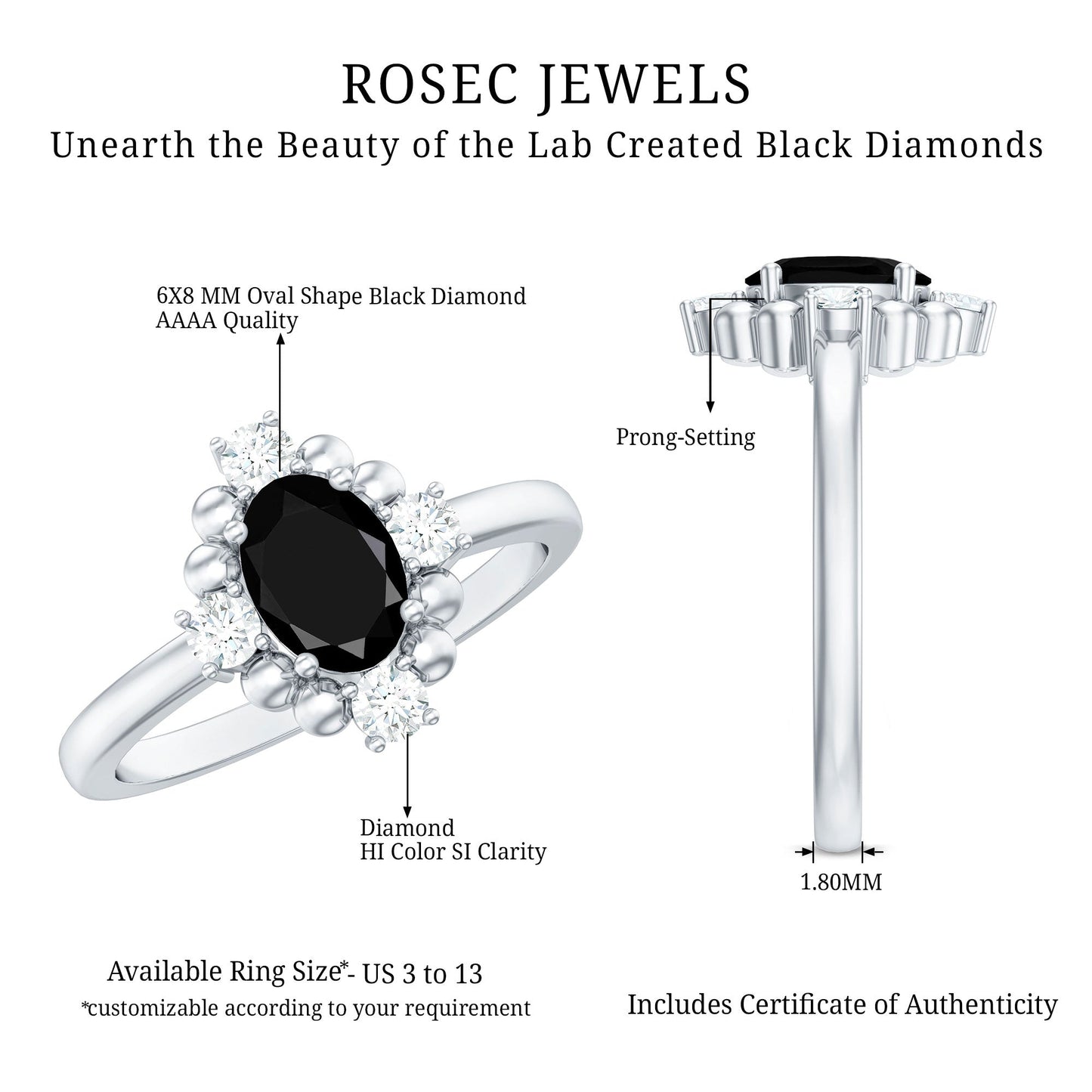 Certified 1.9 Carat Oval Lab Grown Black Diamond Engagement Ring with White Diamond