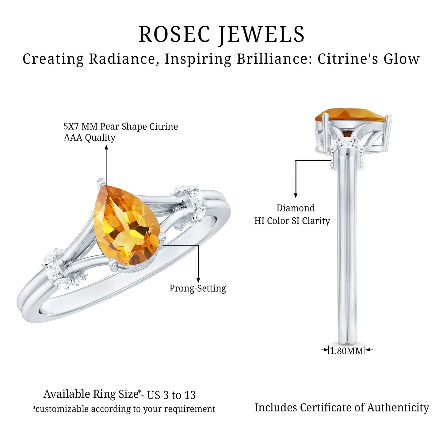Certified Real Citrine Pear Shaped Engagement Ring with Diamond