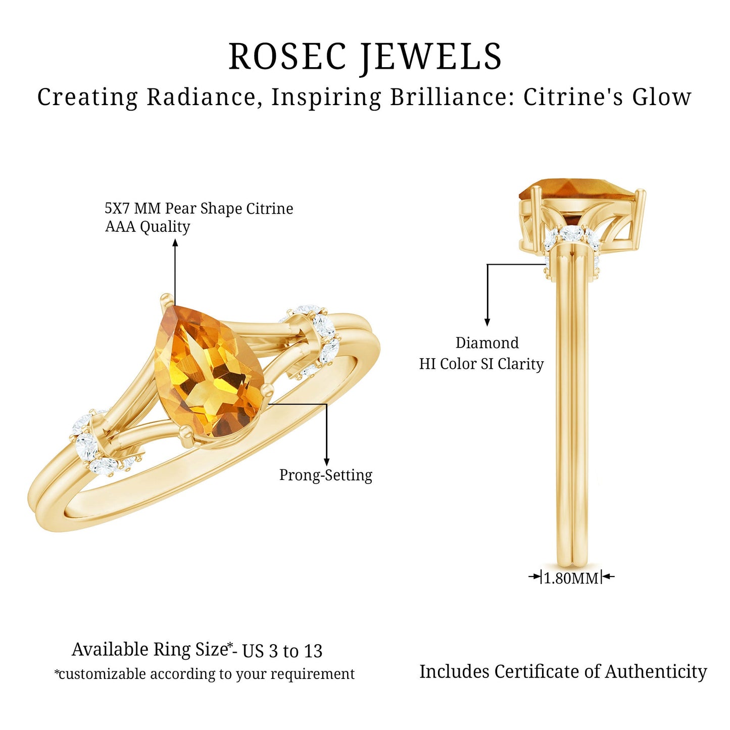 Certified Real Citrine Pear Shaped Engagement Ring with Diamond