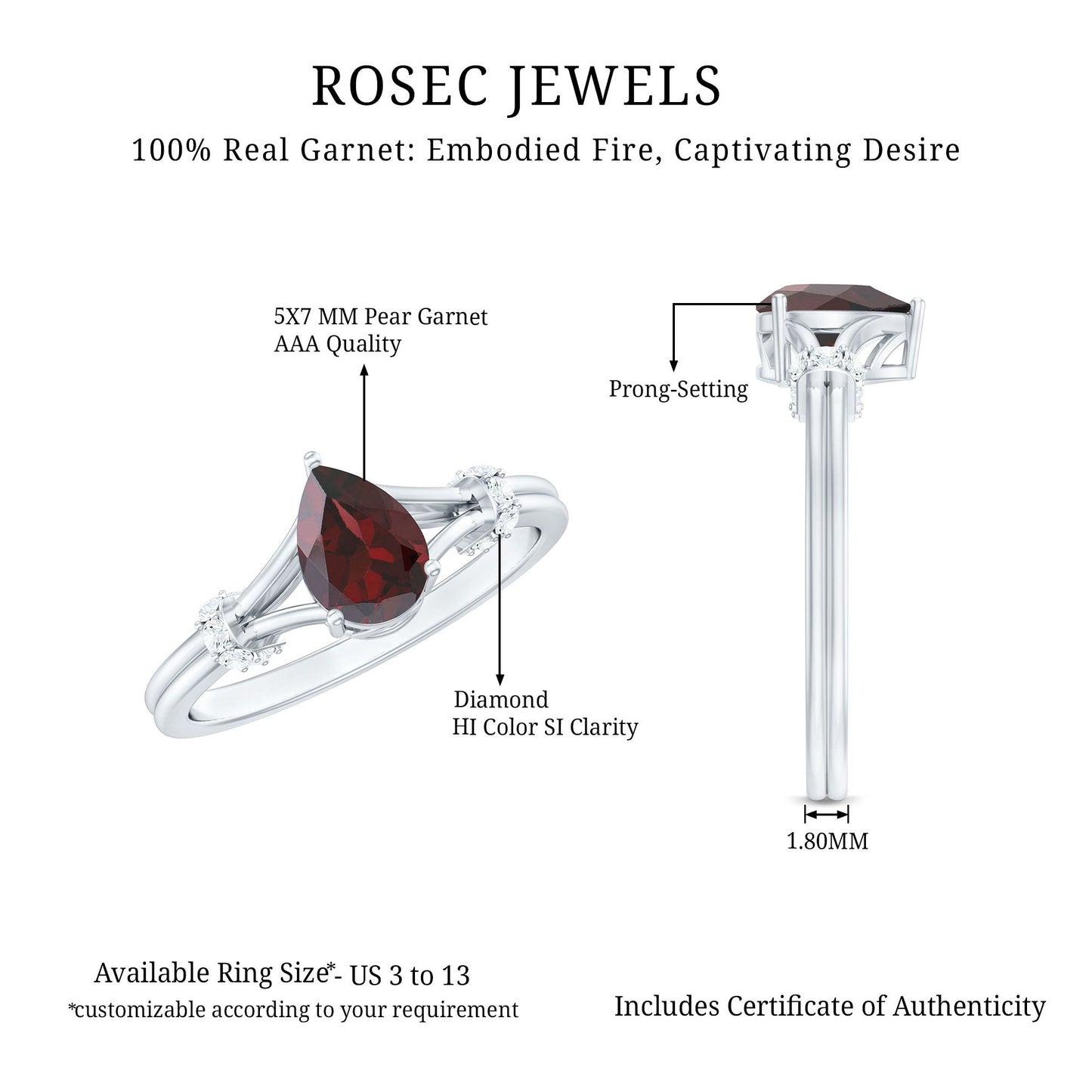Certified Real 0.8 Carat Garnet Pear Shaped Engagement Ring with Diamond