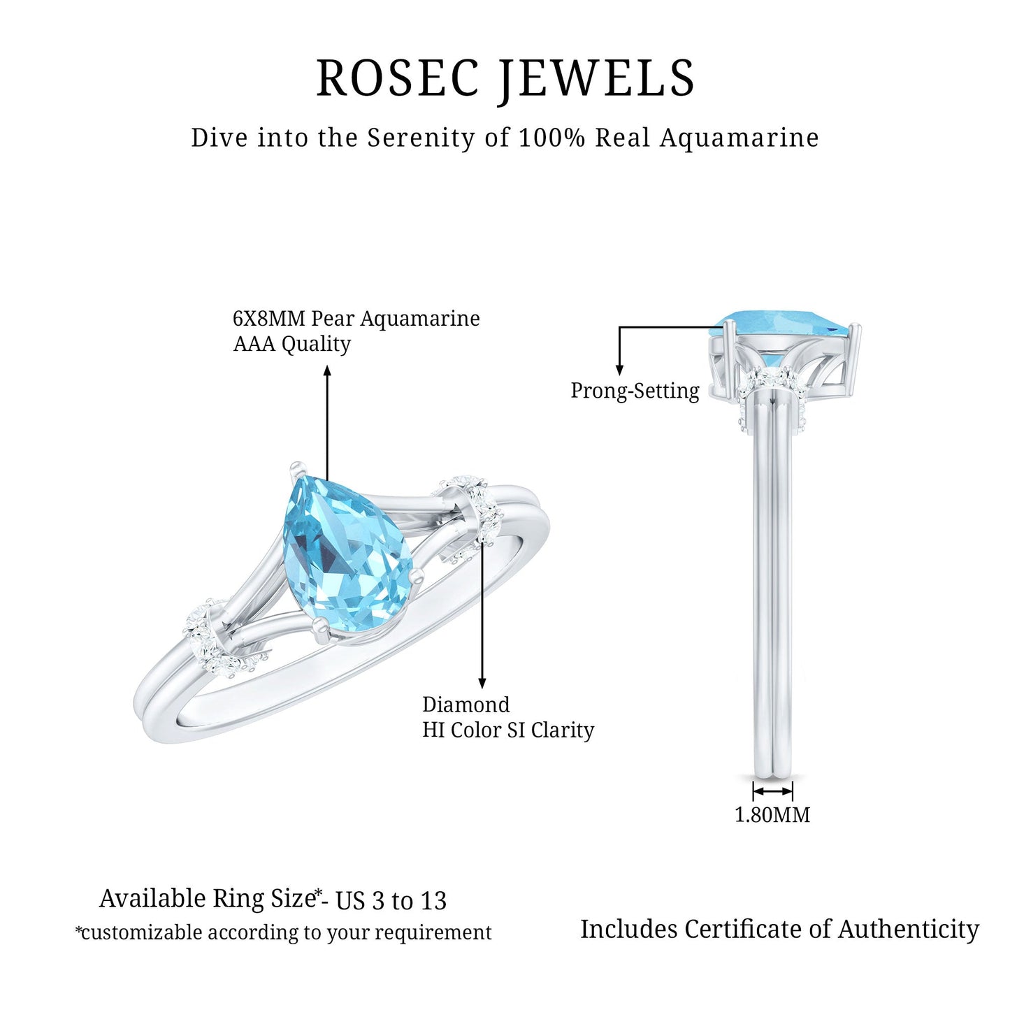 1 Carat Pear Shape Aquamarine and Diamond Solitaire Ring in Split Shank