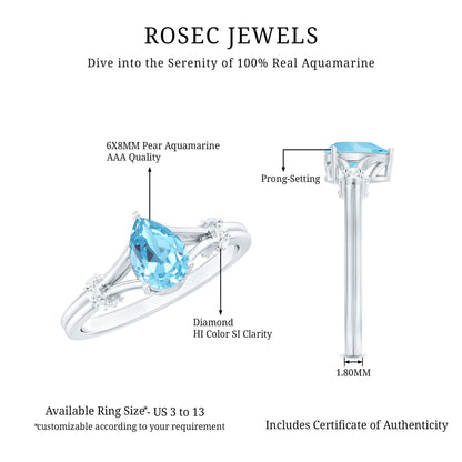 1 Carat Pear Shape Aquamarine and Diamond Solitaire Ring in Split Shank