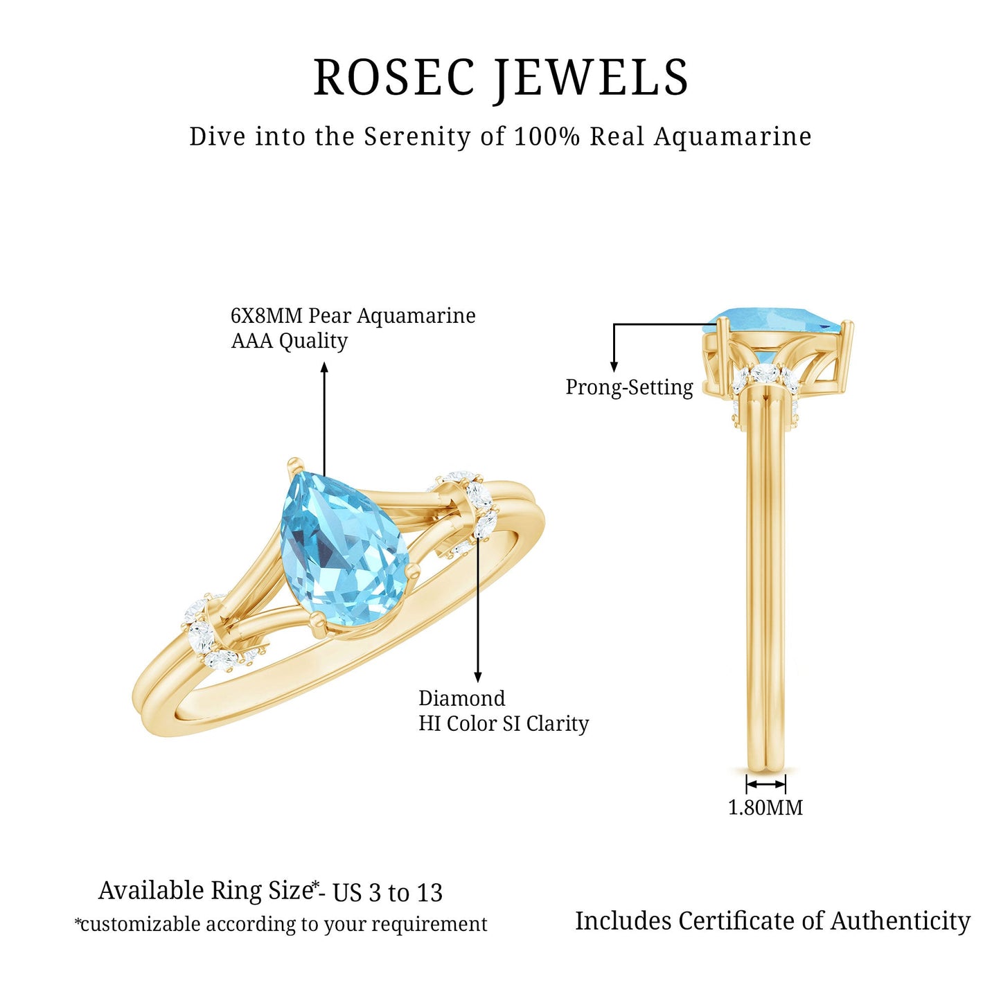1 Carat Pear Shape Aquamarine and Diamond Solitaire Ring in Split Shank