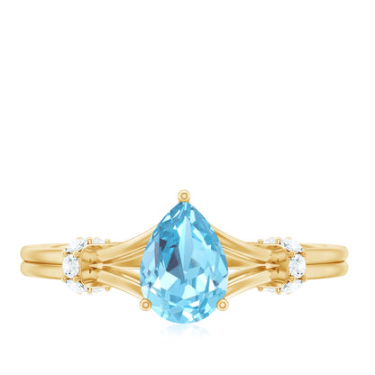 1 Carat Pear Shape Aquamarine and Diamond Solitaire Ring in Split Shank