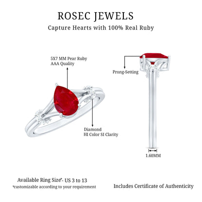 Real 0.8 Carat Ruby Pear Shaped Engagement Ring with Diamond