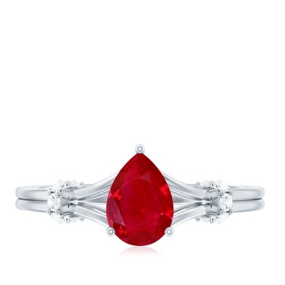 Real 0.8 Carat Ruby Pear Shaped Engagement Ring with Diamond