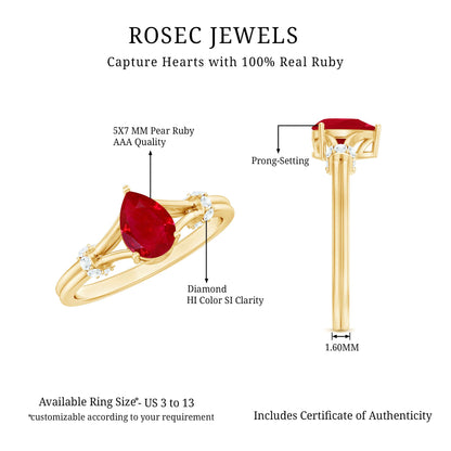 Real 0.8 Carat Ruby Pear Shaped Engagement Ring with Diamond