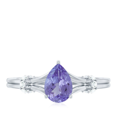 Natural Pear Shape Tanzanite Diamond Engagement Ring with Split Shank