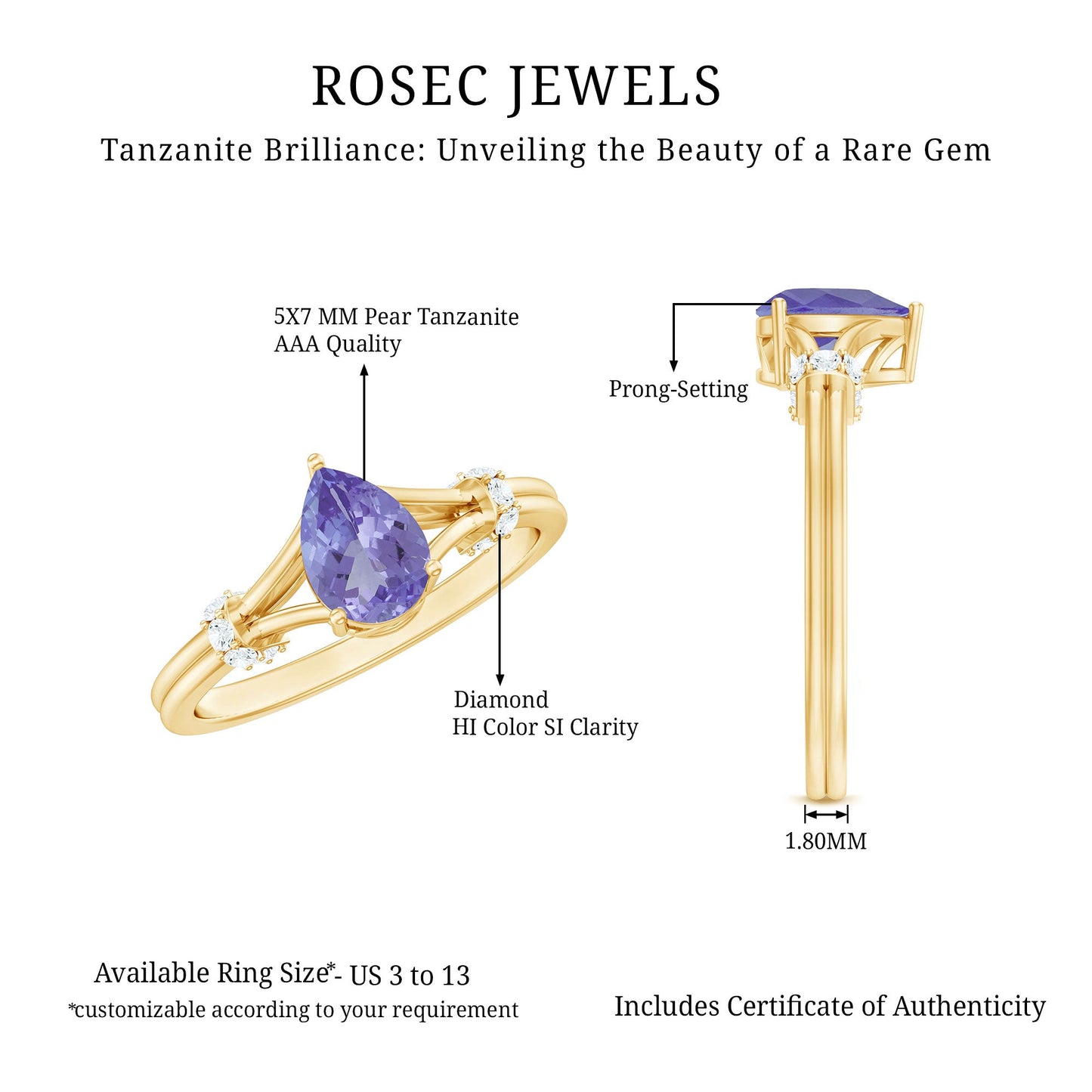 Natural Pear Shape Tanzanite Diamond Engagement Ring with Split Shank
