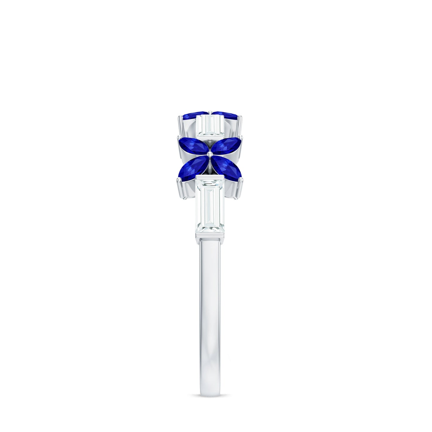 Marquise Cut Created Blue Sapphire and Moissanite Flower Half Eternity Ring