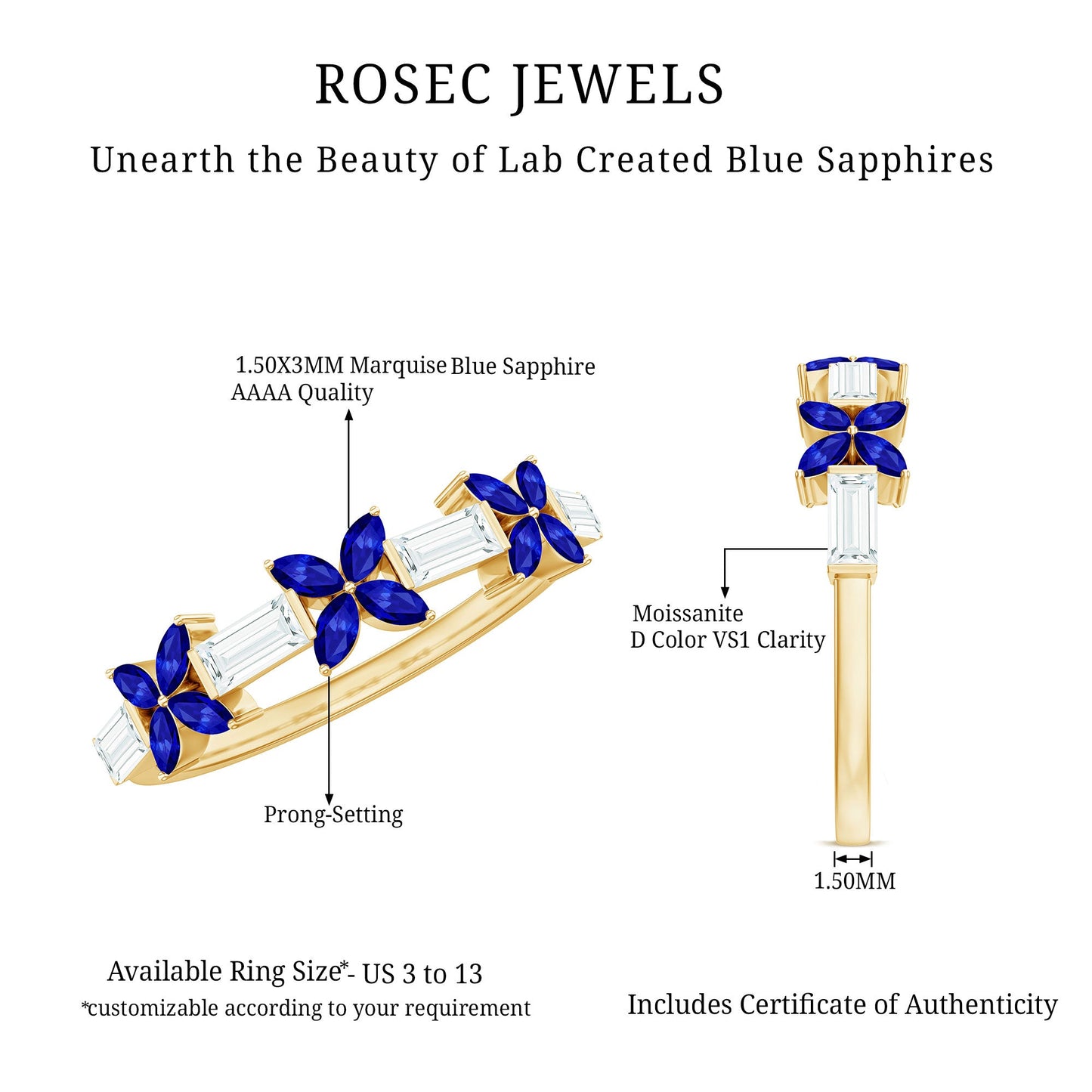 Marquise Cut Created Blue Sapphire and Moissanite Flower Half Eternity Ring