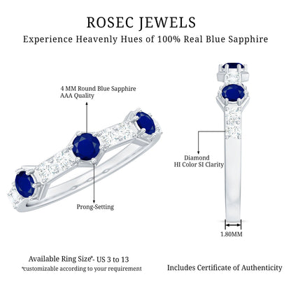 Real Blue Sapphire Half Eternity Ring with Diamond