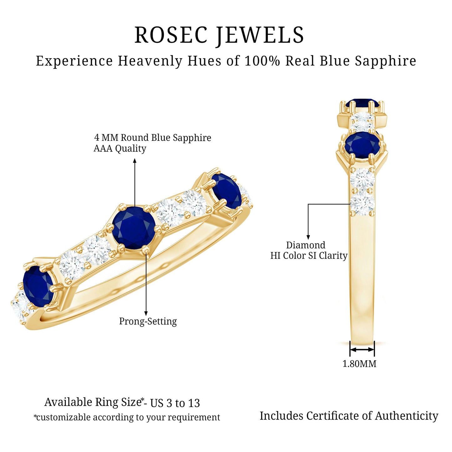 Real Blue Sapphire Half Eternity Ring with Diamond
