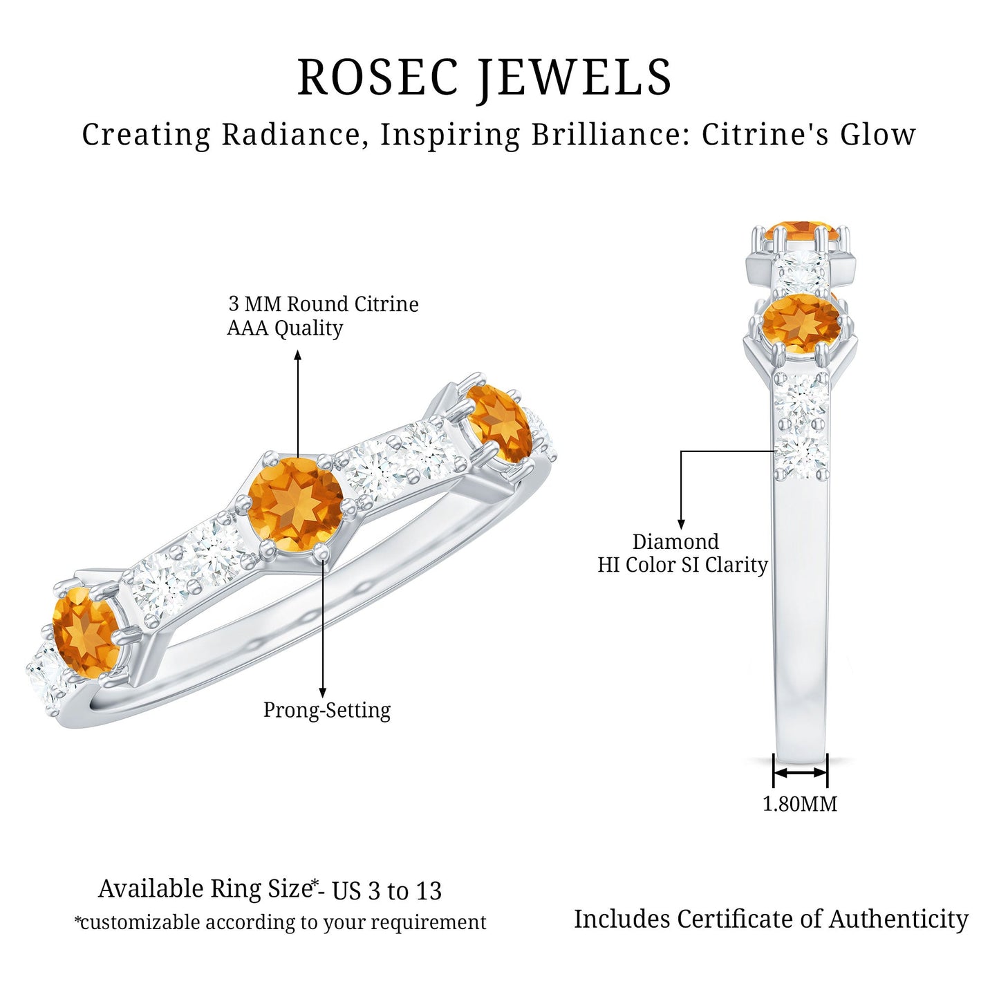 Genuine Citrine Diamond Half Eternity Ring for Anniversary