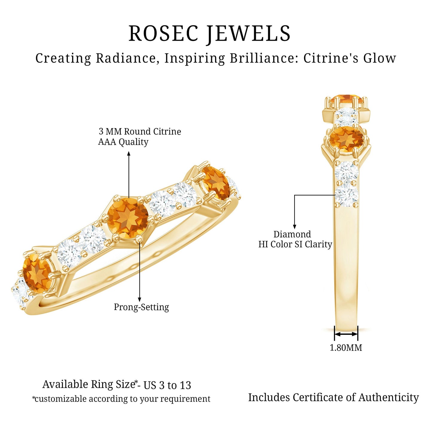 Genuine Citrine Diamond Half Eternity Ring for Anniversary