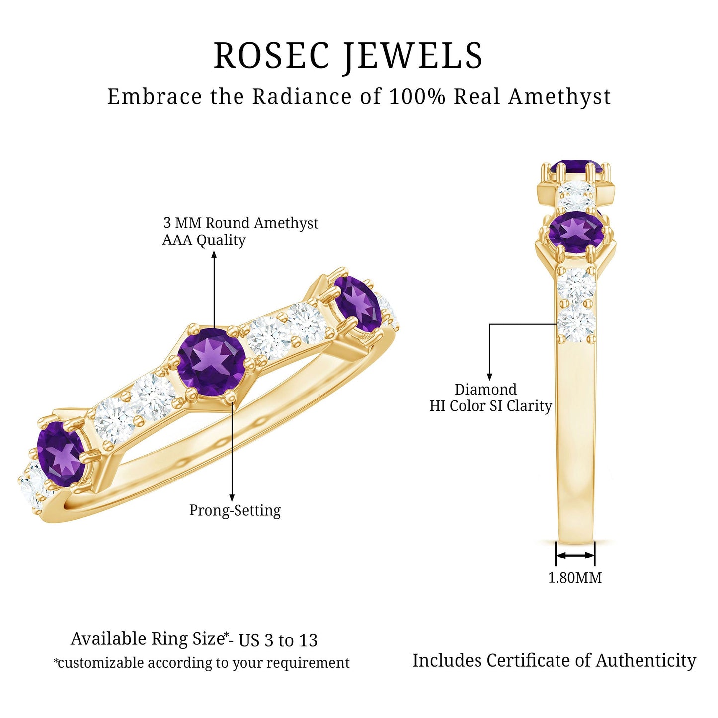 Natural Amethyst Half Eternity Ring with Diamond