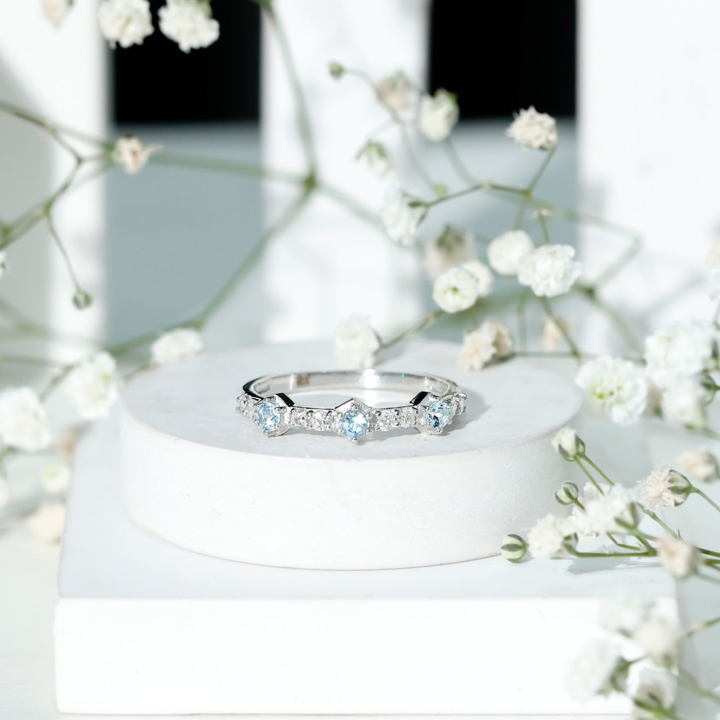 Real Aquamarine and Diamond Half Eternity Ring