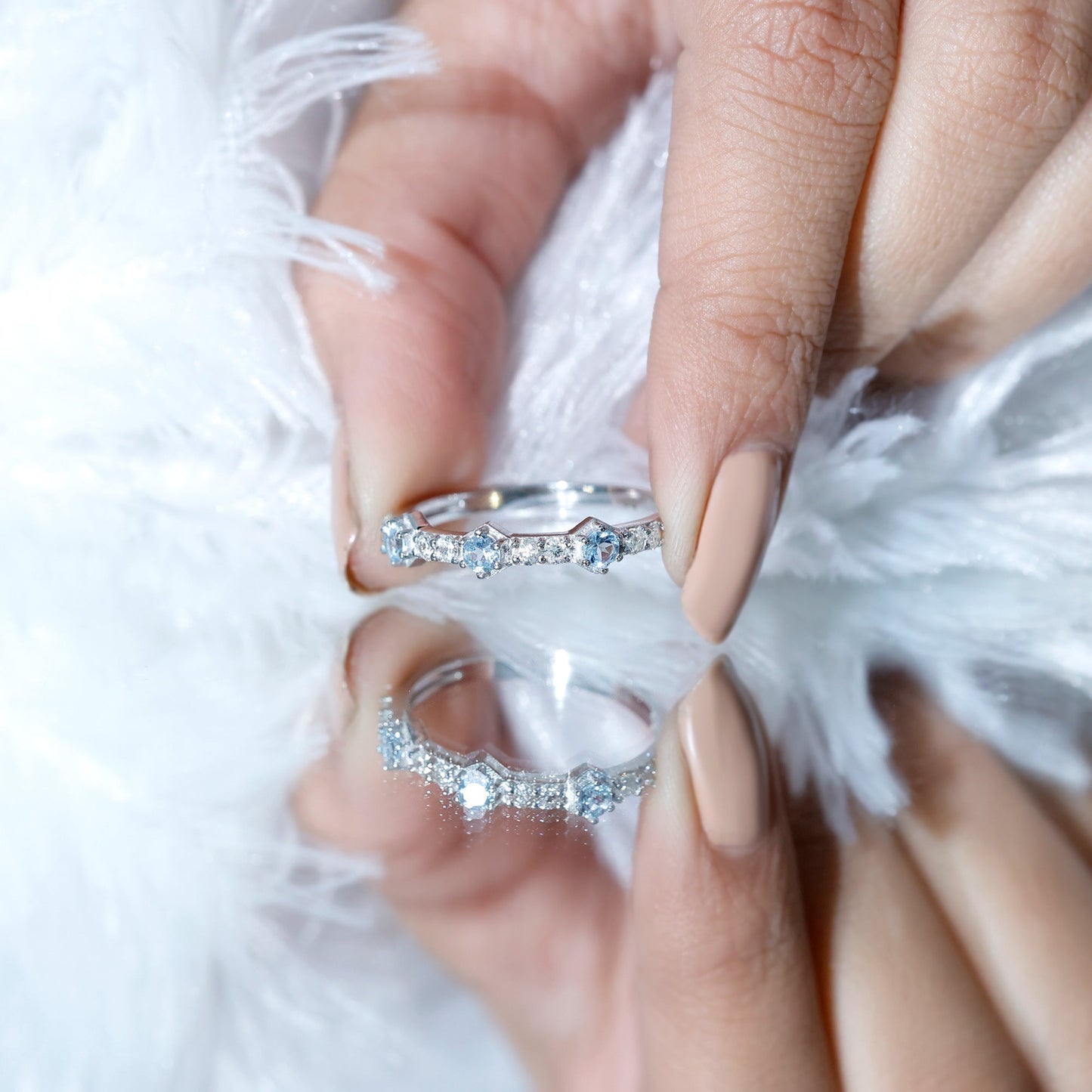 Real Aquamarine and Diamond Half Eternity Ring