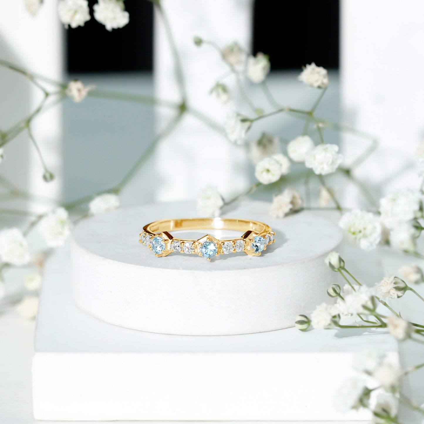 Real Aquamarine and Diamond Half Eternity Ring