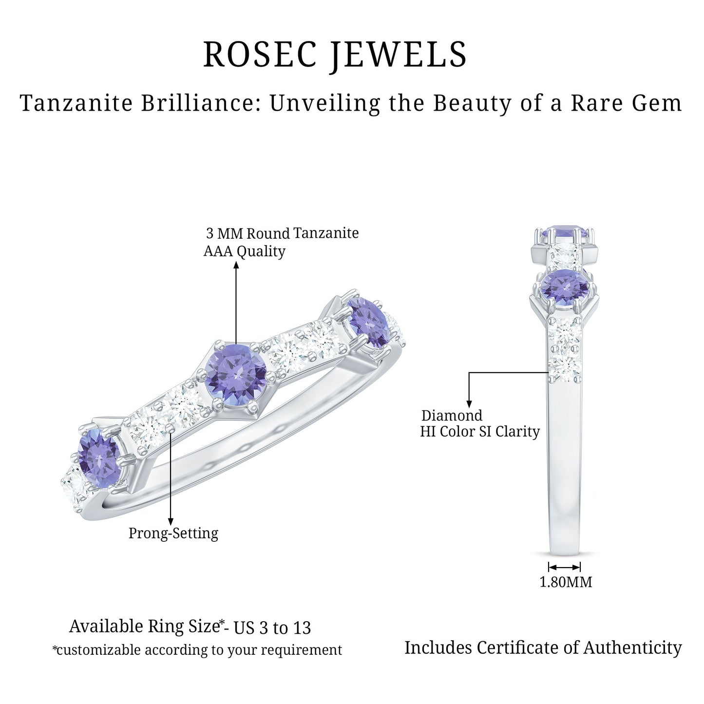 Natural Tanzanite and Diamond Half Eternity Ring for Women