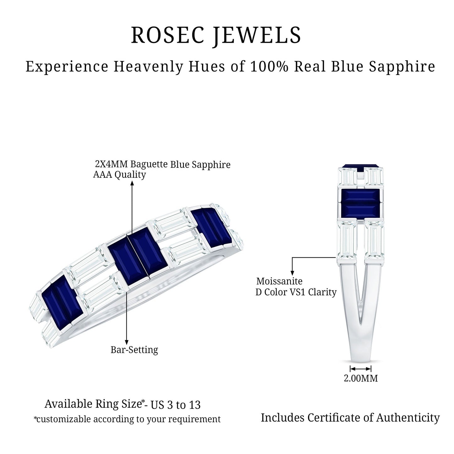 Certified Real Baguette Blue Sapphire Half Eternity Band Ring with Moissanite