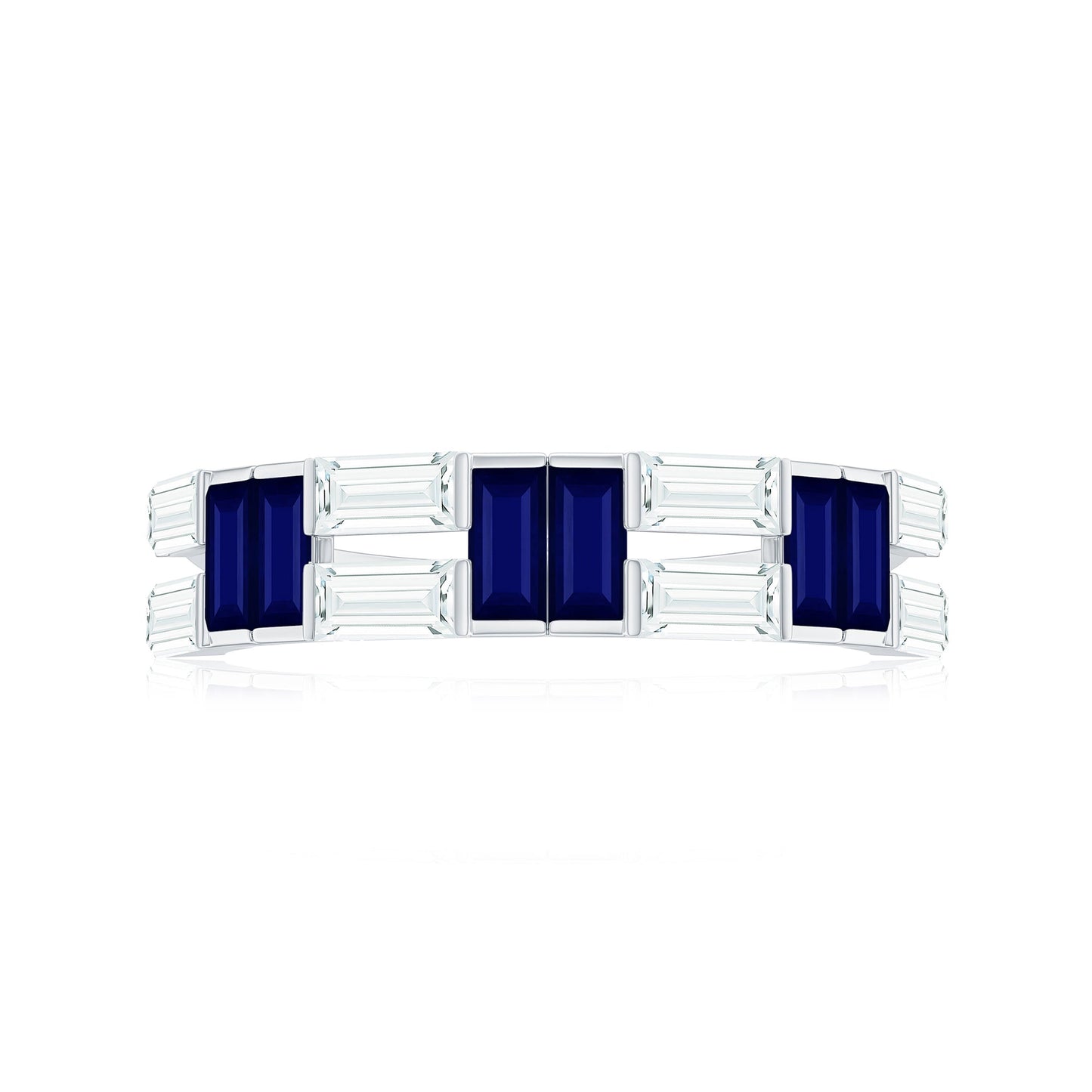 Certified Real Baguette Blue Sapphire Half Eternity Band Ring with Moissanite
