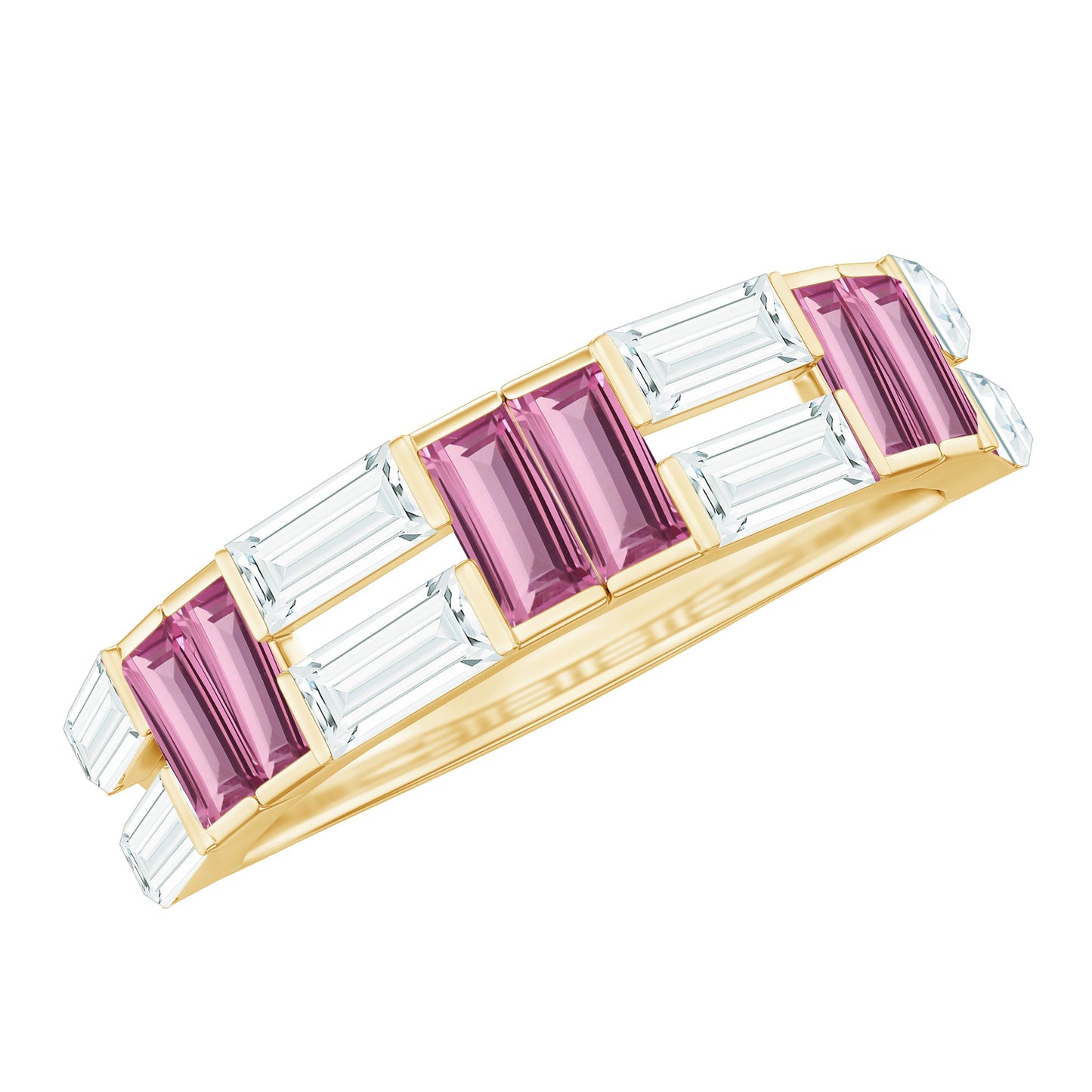 Baguette Shape Pink Tourmaline and Moissanite Half Eternity Ring