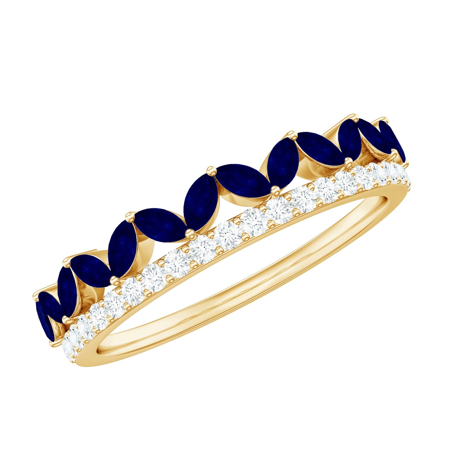 Real Marquise Blue Sapphire Half Eternity Ring with Diamond