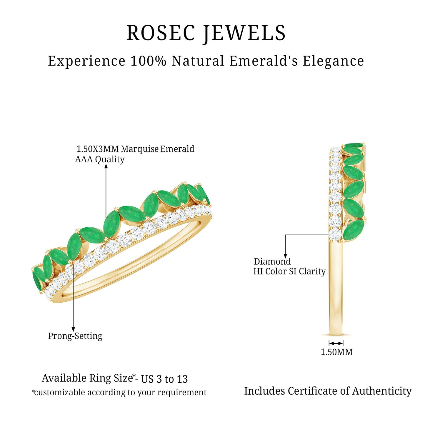 Real Marquise Emerald Half Eternity Wedding Band with Diamond