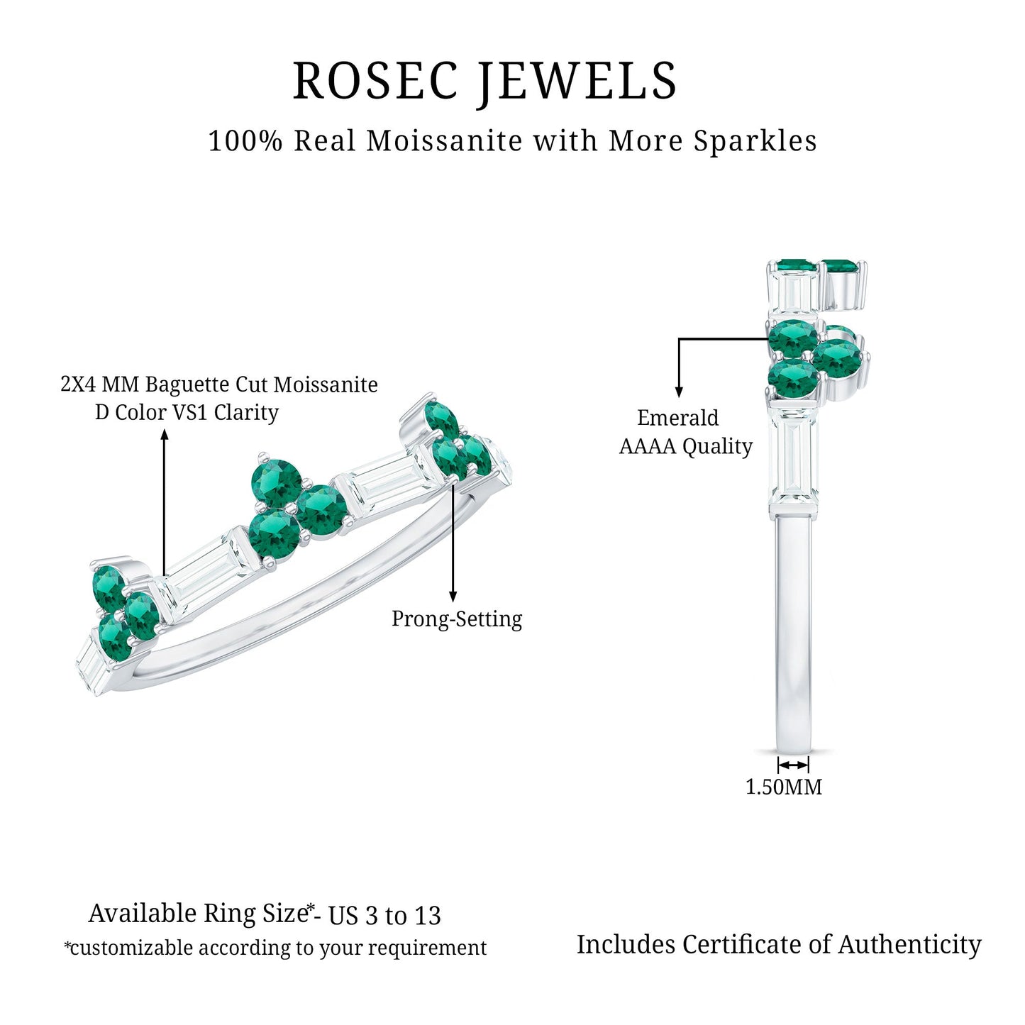 Certified Lab Grown Emerald Half Eternity Anniversary Ring with Moissanite