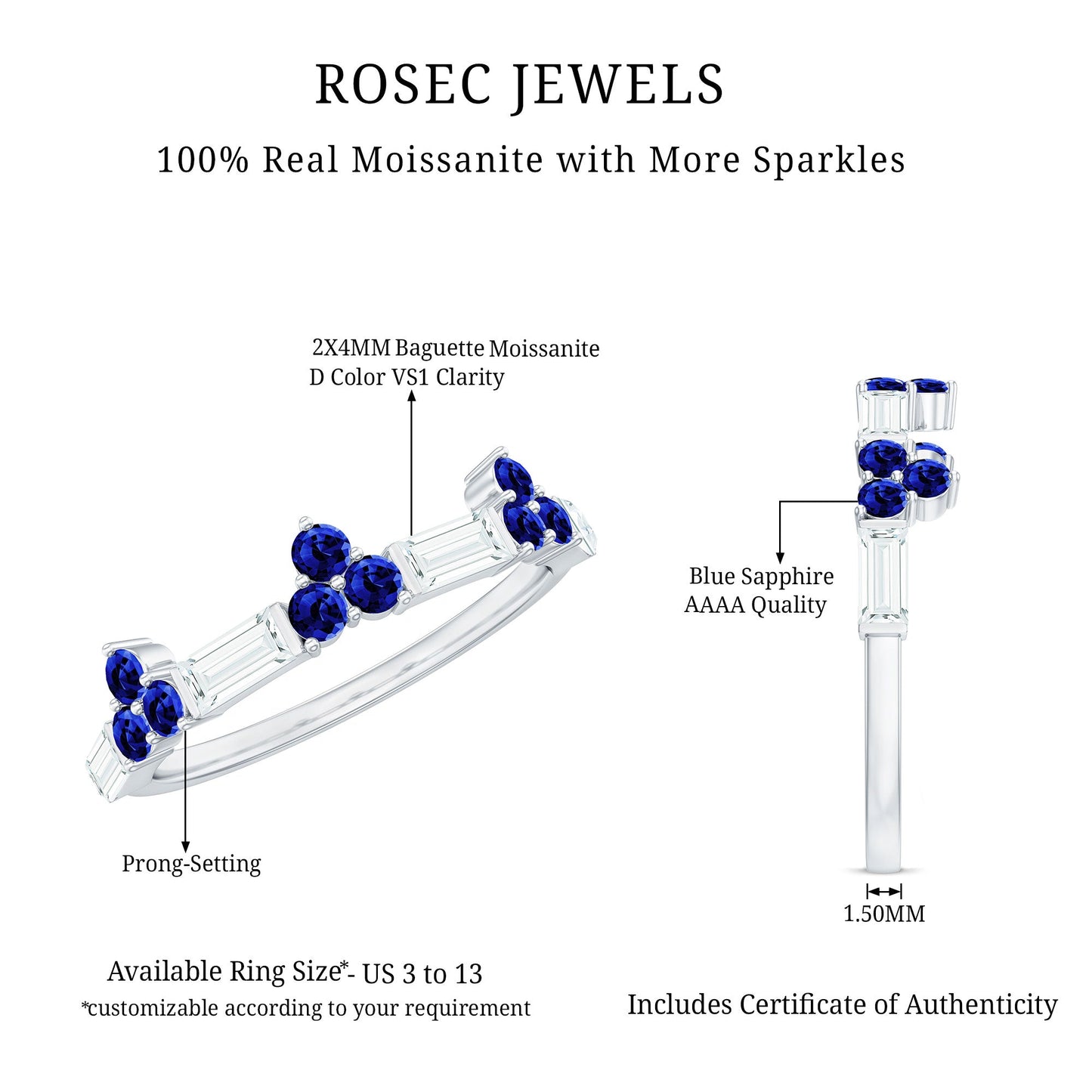 Certified Lab Blue Sapphire Half Eternity Anniversary Ring with Moissanite