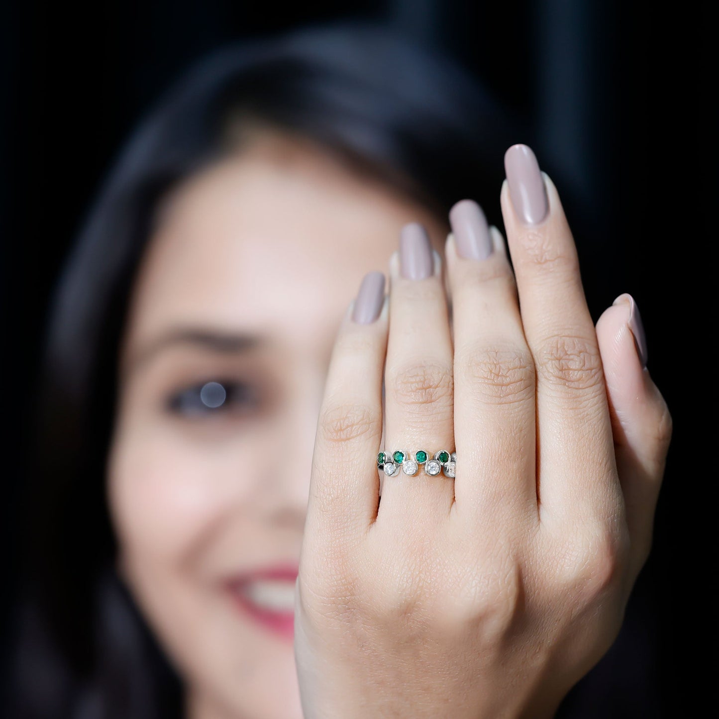 Bezel Set Lab Grown Emerald and Diamond Half Eternity Ring